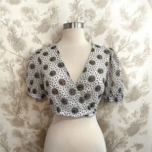 Forever 21 Zodiac Celestial Sun Star Moon Chiffon Wrap Bell Top Blouse S